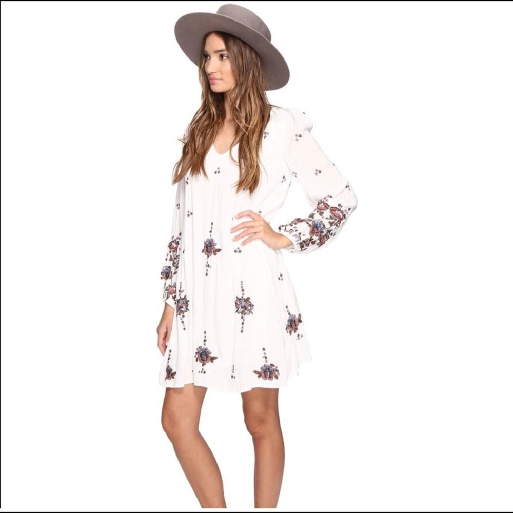 Free People Oxford Floral Embroidered Mini Dress in "Cream Combo"